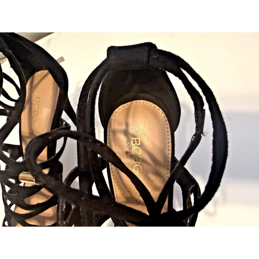 BCBGeneration Faux Suede Black Cutout Strappy Stiletto Heels